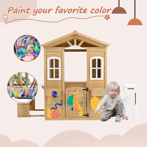 Outdoor Playhouse, Wooden Playhouse for Kids, Backyard Playhouse with Window, Mailbox, Picnic Bench, Fenced, Flowerpot Holders, Gift for Age 2+, 39" x 38" x 55.5"