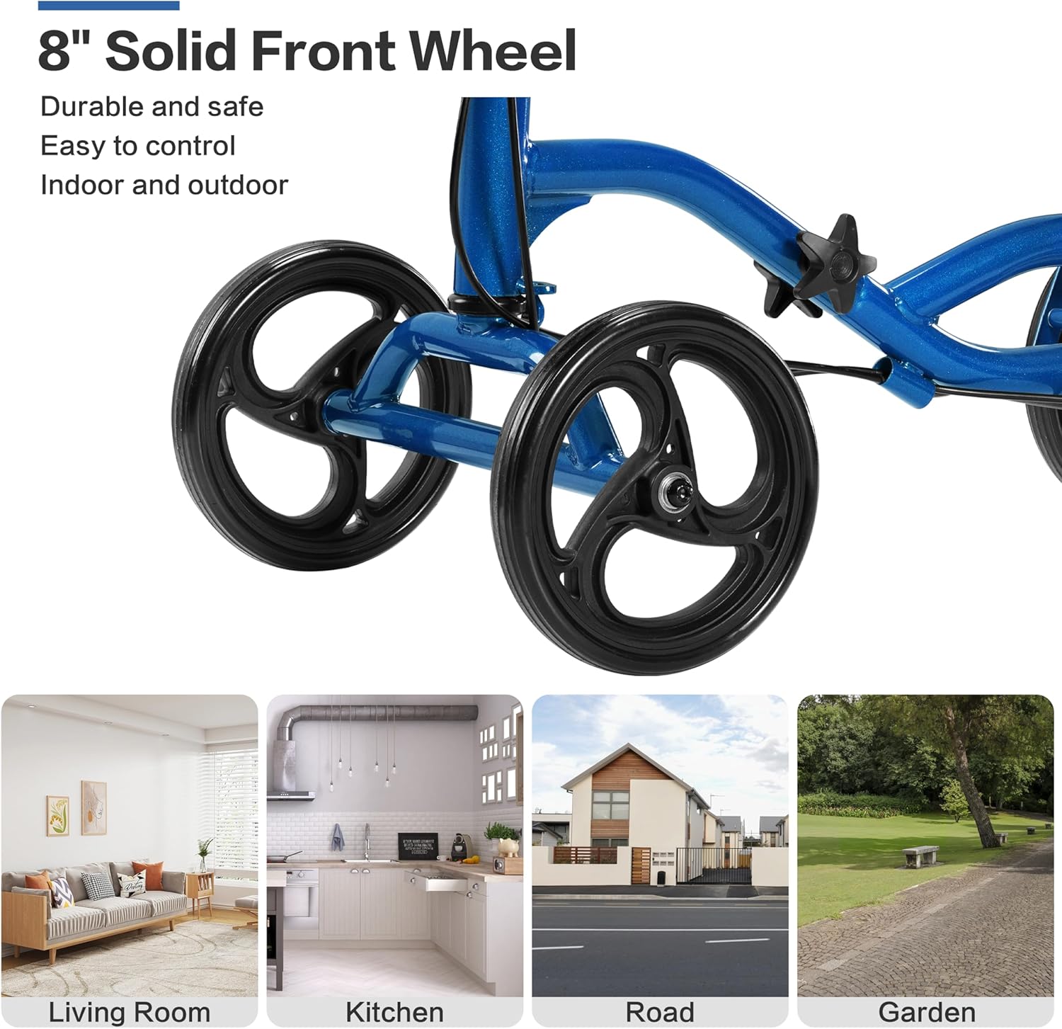 All Terrain Steerable Knee Scooter Deluxe Medical Scooter for Adults for Foot Injuries, Foldable Knee Walker Leg Crutch Alternative, 8" Solid Wheel, Blue