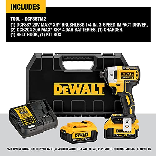 DEWALT 20V MAX* XR Impact Driver Kit, Brushless, 3-Speed, 1/4-Inch, 4.0-Ah (DCF887M2), Black