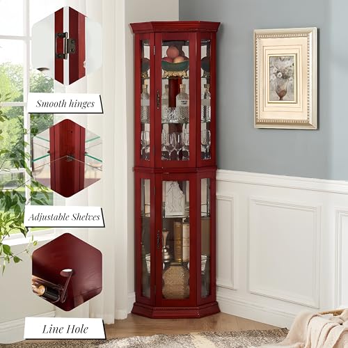 Corner Curio Cabinet Lighted Display 69.59 inch with Glass Doors & 4 Adjustable Glass Shelves & Classical Metal Handles - Perfect for Collectibles,Cherry(Light Bulbs are Included)