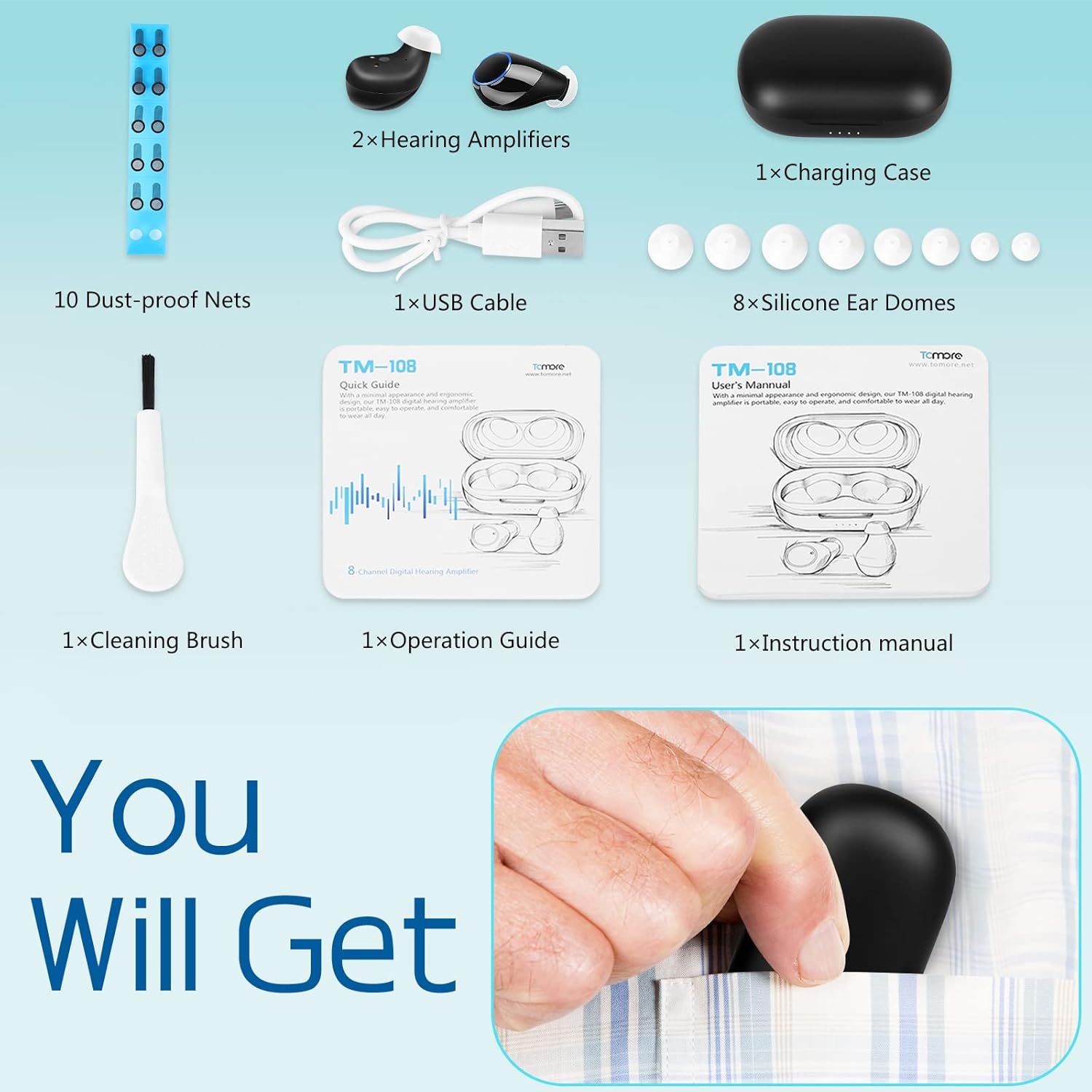 KIBVOE Rechargeable Hearing Aid, 8 Channel Digital (DSP) Hearing Amplifier, 3 Modes for Elderly and Adult Hearing Loss, Comfortable to Wear Black, Pair