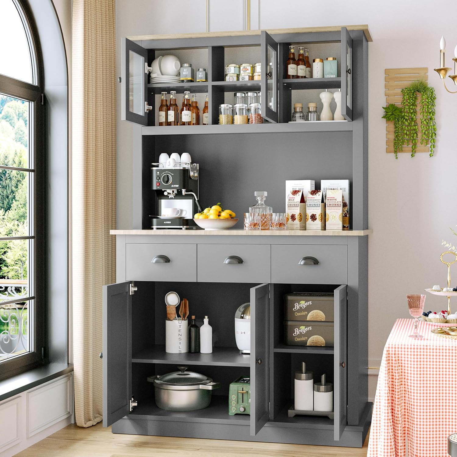 MU 71" Kitchen Hutch Storage Cabinet with Countertop, Tall Freestanding Kitchen Pantry Cabinet with Drawers, Drawers & Microwave Shelf, China Hutch for Kitchen, Dining Room, Living Room, Grey