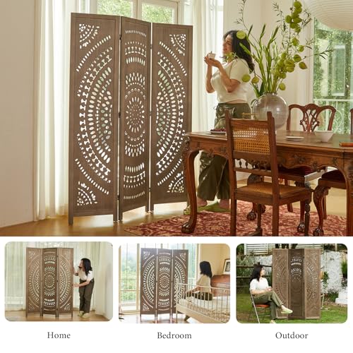 Room Divider Wood Carved Wall Divider Indoor Folding Bohemian Style Portable Partition Screen for Home Office Garden Terrace - 6 Panels (Antique, White-Washed)