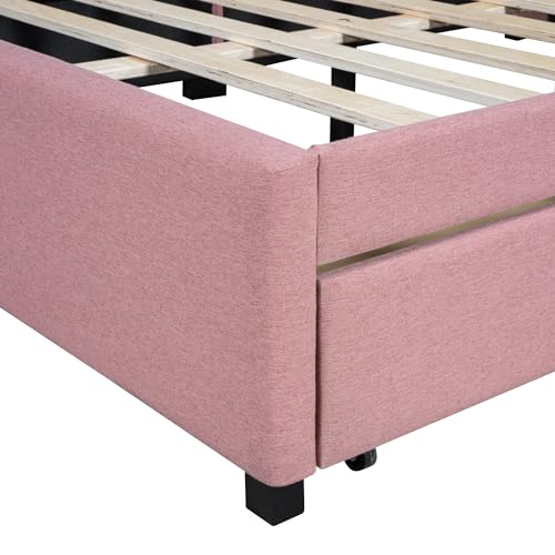 Twin Linen Fabric Upholstered Daybed with Trundle,Space-Saving Trundle Daybed Frame No Box Spring Needed,Modern Twin Size Sofa Bed for Apartment Living Room Bedoom(Beige)