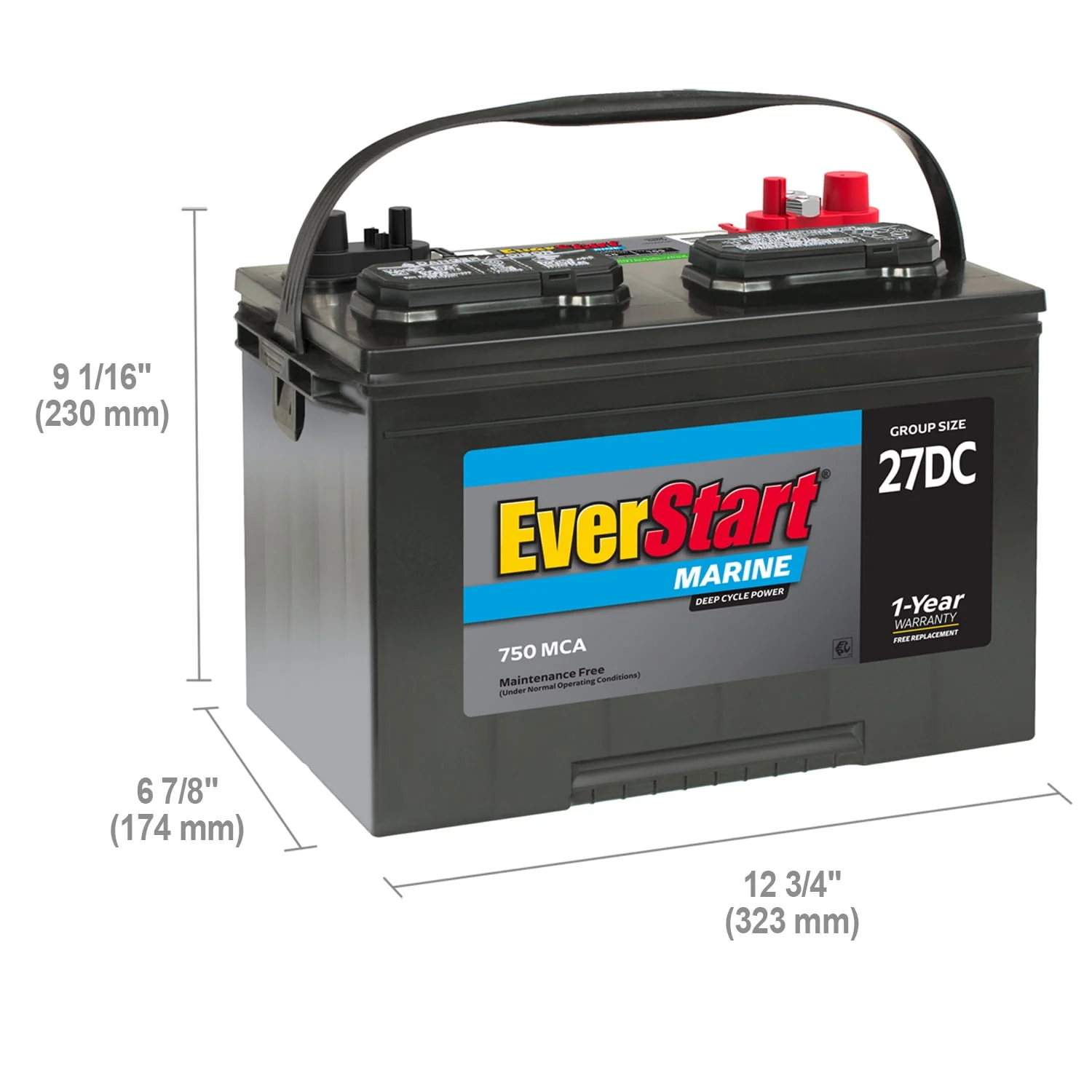 EverStart Lead Acid Marine & RV Deep Cycle Battery, Group Size 27DC 12 Volt, 740 MCA