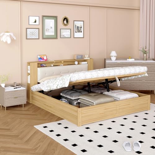 Merax 3 Pieces Bedroom Sets, Queen Size Upholstered Platform Bed with Storage Nightstand and 6 Drawers Dresser Cabinet, Motion Activated Night Lights, USB Charger, Natural