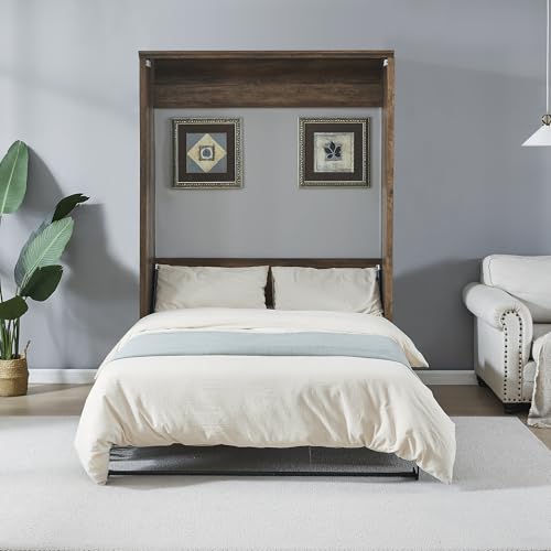 Queen Size Murphy Bed Wall Bed with a Storage Shelf, Space-Saving Wall Bed for Multipurpose Guest Room or Home Office - Gray