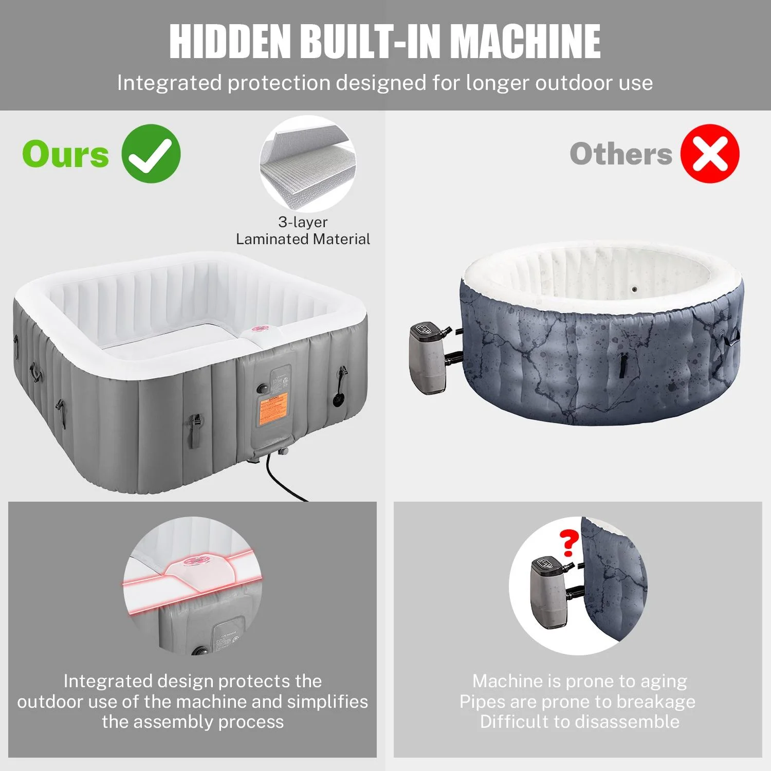 Upgraded Inflatable Hot Tub, Seizeen 6 Person Hot Tub with Hidden Pump, Portable Spa Tub Outdoor Indoor Use w/130pcs Jet, Lockable Cover, Storage Bag, Cover, 240gal