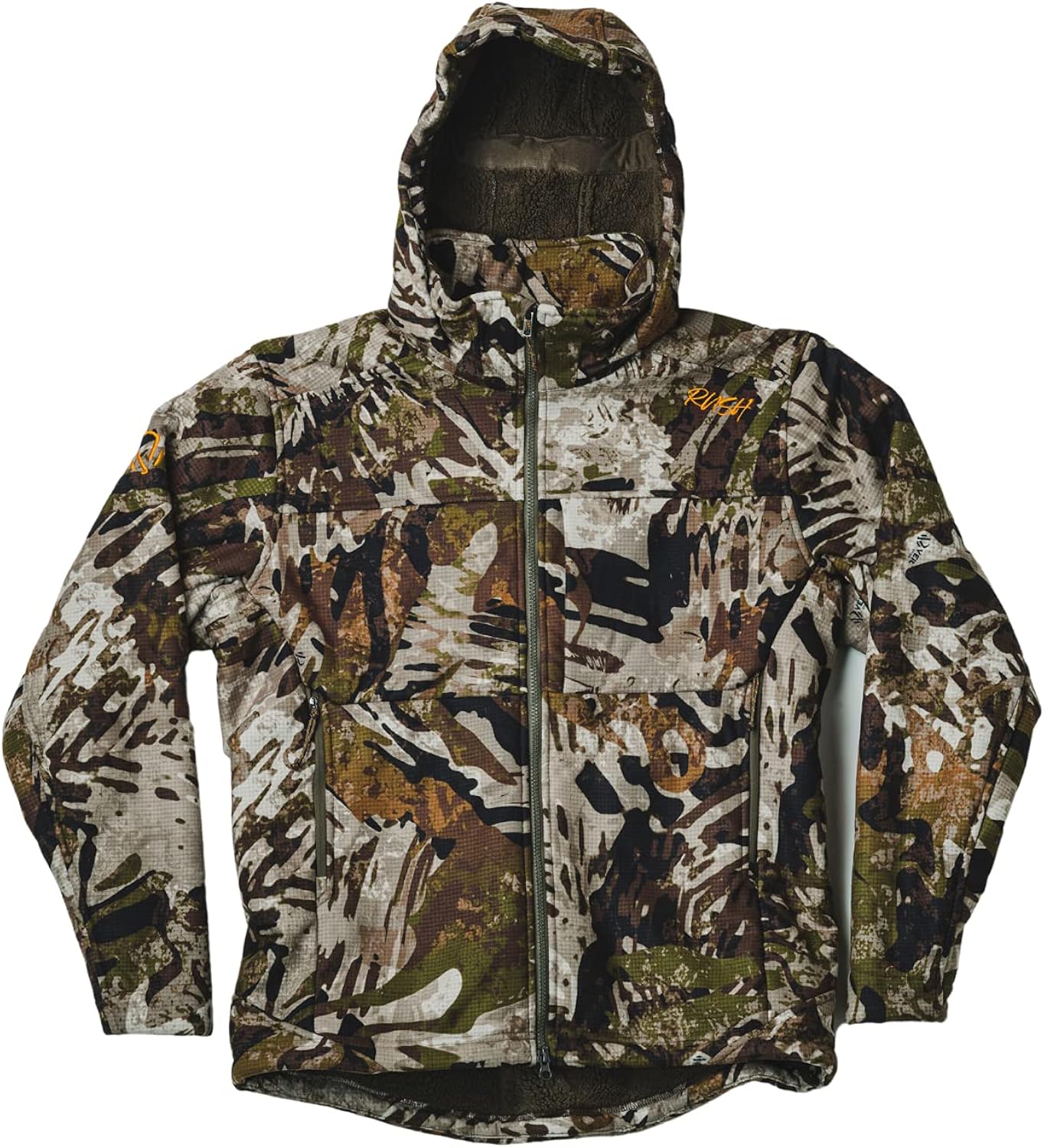 VEIL CAMO Men’s Fleece Chaos Jacket – Noise Reduction Grid Face, Windproof, 4-Way Stretch, 3 Large Pockets & Attached Hood