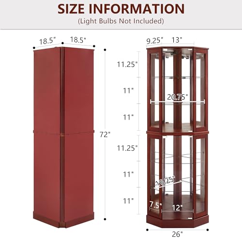 Dolonm 6 Tier Corner Curio Cabinet, 69" H Corner Curio Display Cabinets, Lighted Corner Storage Cabinet with Mirror, Corner Cabinet with Adjustable Shelves, Walnut (E26 Light Bulb Not Included)