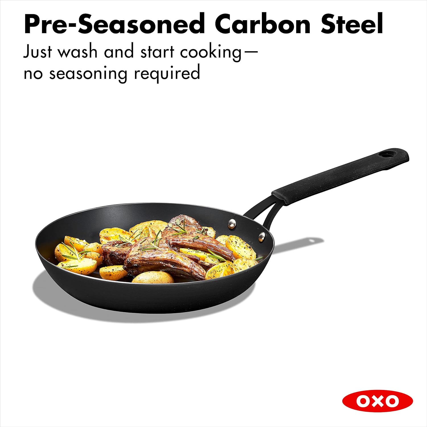 OXO Obsidian Pre-Seasoned Carbon Steel Induction Safe 12 Outdoor Frying Pan/Skillet with Silicone Sleeve, Black