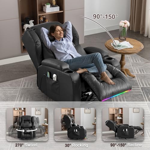 TUNYI Power Recliner Chair Velvet Fabric Home Theater Seating Glider Reclining Sofa with Massage & Heat Swivel Rocker Recliner Chair for Living Room with LED Light/USB Port/Lumbar Pillow (Brown)