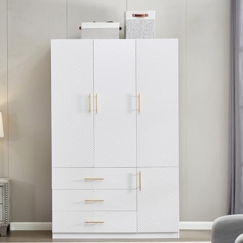 White 4 Doors 3 Drawers Large Closet Cabinet Wardrobe Armoire Bedroom Freestanding Clothes Storage Organizer with Hanging Rod & Shelves, Bathroom Wooden Organizer (20.3"D x 63"W x 74.2"H)