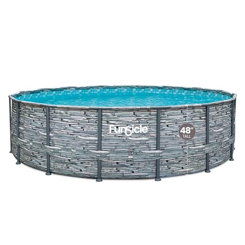 Funsicle 14' x 42" Oasis Designer Round Frame Above Ground Outdoor Swimming Pool Set with SkimmerPlus Filter Pump, Ladder, and Pool Cover, Gray