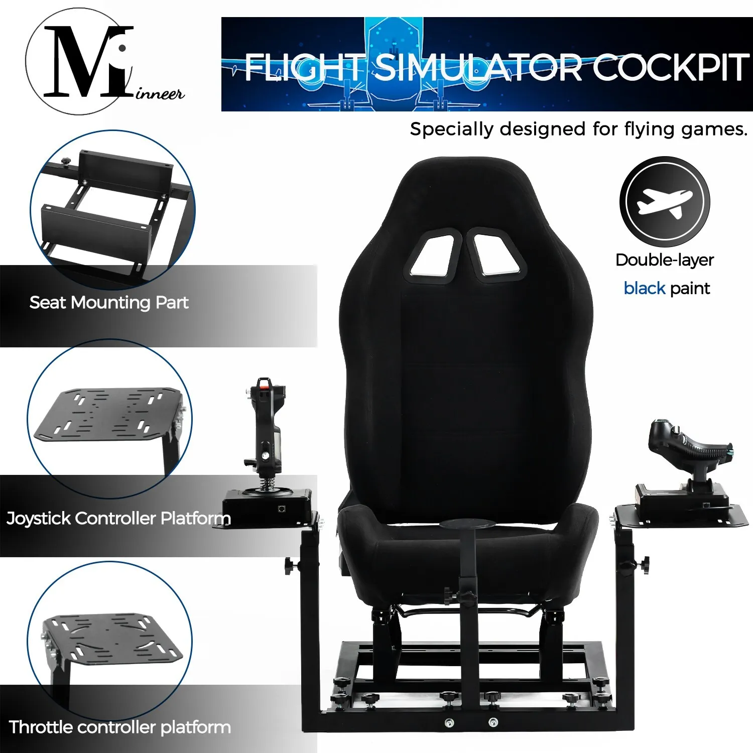 Minneer Flight Simulator Cockpit with Black Seat Fit for Logitech X52/X52pro/X56,Thrustermaster Hotas Warthog Compatible with Xbox One PS4 PC Platforms