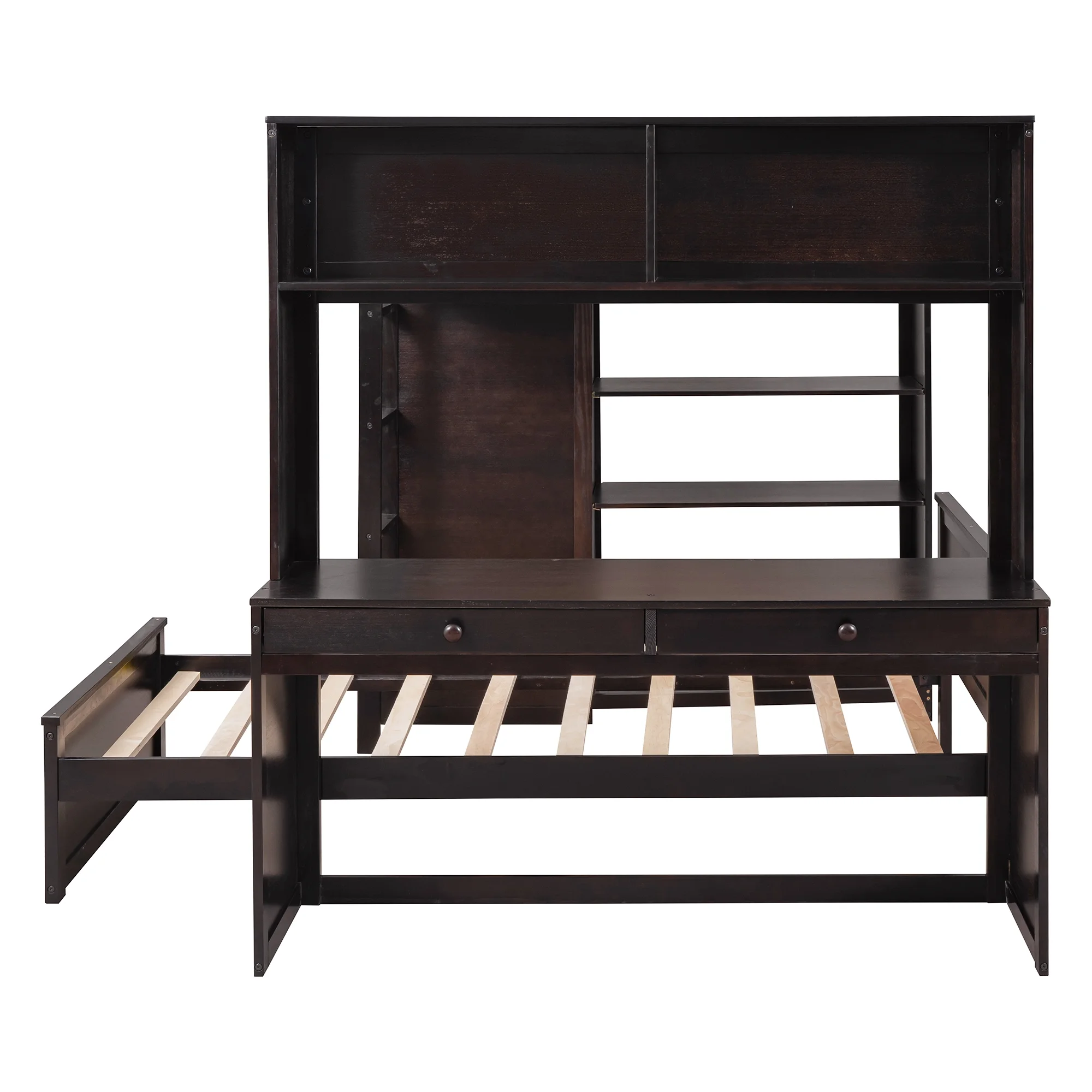 Twin Over Twin Bunk Bed with Storage, Solid Wood Bunk Bed with Shelves, Desk and Wardrobe, Twin Size Loft Bed with a Stand-Alone Bed for Kids Teens Adults (Espresso)