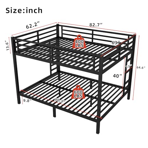 Twin XL Over Twin XL Bunk Bed, Metal Bunk Bed Frame Heavy Duty Bunk Beds Loft Bed Frame with Ladder and Guardrail Metal Slats No Box Spring Required for Adults Teens, Black