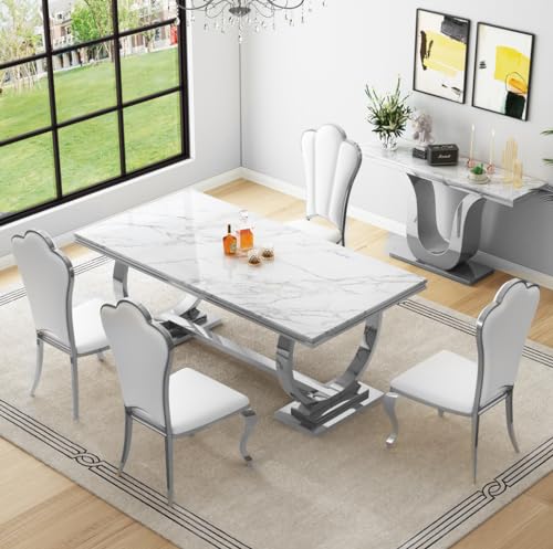 Goujxcy White Marble Dining Table Set for 6, Luxury Silver Kitchen Table and Chairs Set of 6, 70" Faux Marble Rectangle Dining Room Table with 4 Leather Chairs,Modern 7-Piece Dining Table Set