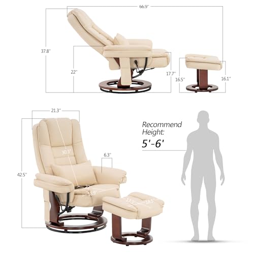 MCombo Recliner with Ottoman Chair Accent Recliner Chair with Vibration Massage, Removable Lumbar Pillow, 360 Degree Swivel Wood Base, Faux Leather 9096 (Cream White)