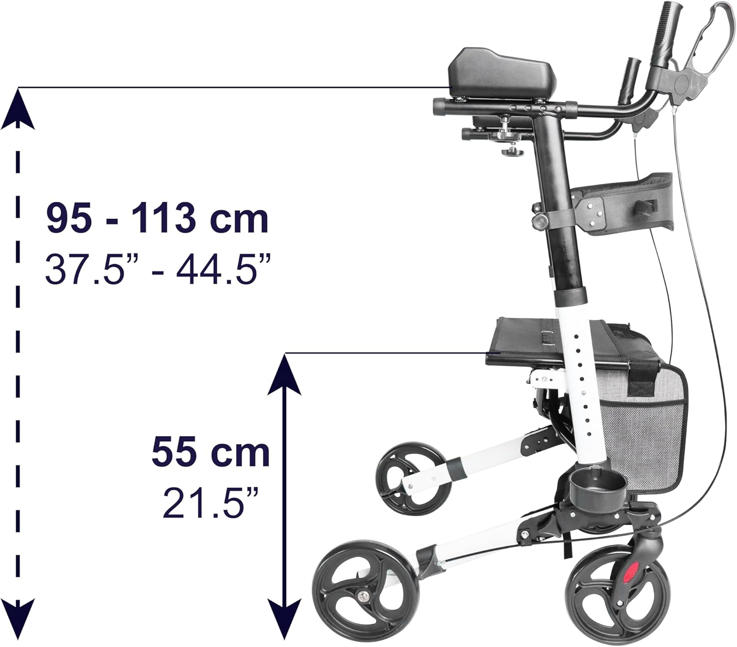 KMINA - Upright Rollator Walker with Seat and Back Support, Folding Stand Up Walkers for Seniors with Armrest, Upright Walkers for Elderly Adjustable, Stand Up Rolling Walker with Forearm Support