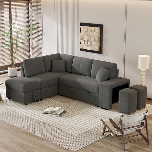 DEINPPA Sleeper Sofa, Sectional Sleeper Sofa with Double Storage Ottoman and 2 Stools, L Shape Sofa Wireless Charger and Two Hidden USB Ports for Living Room, Chenille Fabric-Cream
