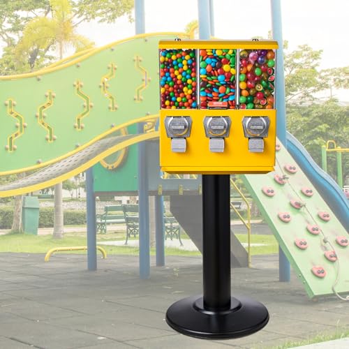 VEVOR Commercial Vending Machine, Triple Compartment Candy Dispenser with Iron Stand, Gumball and Candy Machine for Business, Coin Operated Gumball Bank for Toy Capsules Bouncy Balls Candy Nut, Yellow