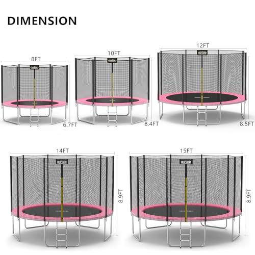 AOTOB 8FT 10FT 12FT 14 FT 15FT Trampoline with Safety Enclosure Net，Outdoor Trampoline with Basketball Hoop, Heavy Duty Jumping Mat and Spring Cover Padding for Kids and Adults, Storage Bag and Ladder