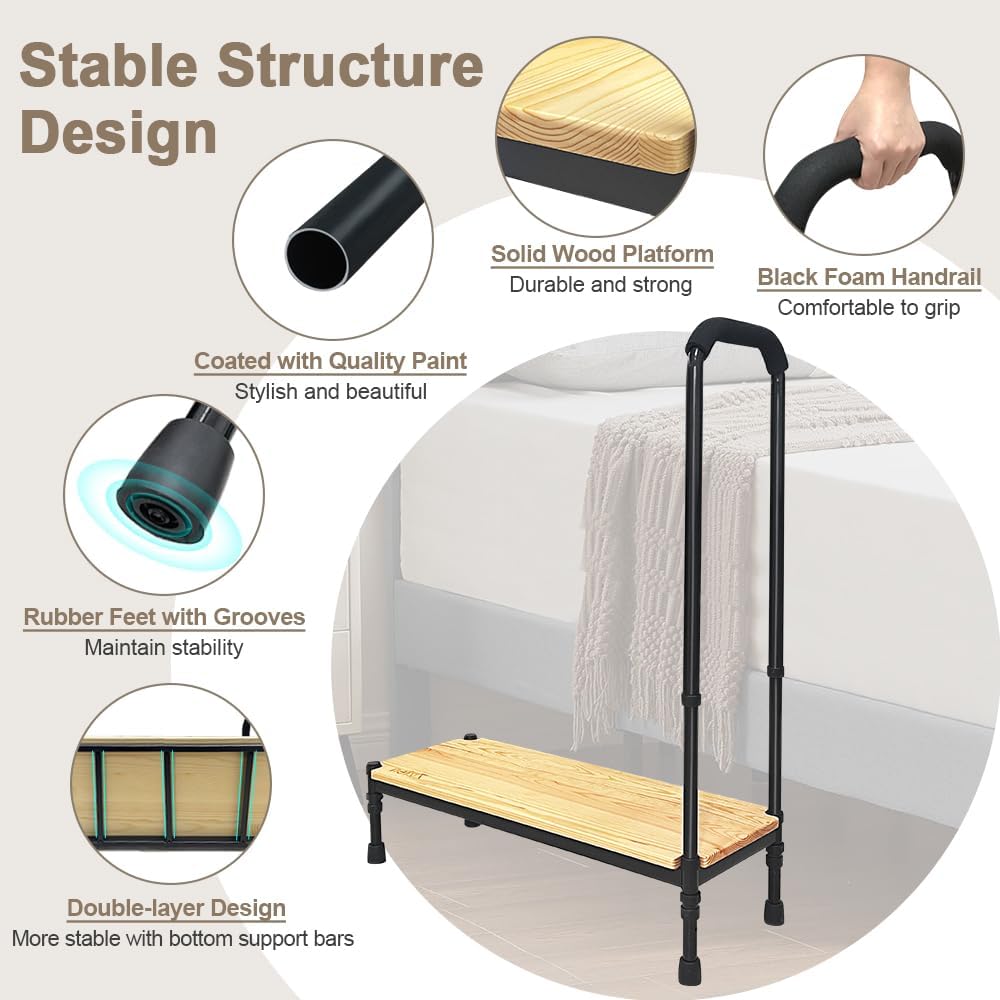 Zelen Bed Step Stool with Handle for Elderly Bedside Steps Stool Medical for High Beds Bedside Assist Rail Bed Grab Bar for Seniors Adjustable Height Handicap Steps Safety Foot Stool with Handrails
