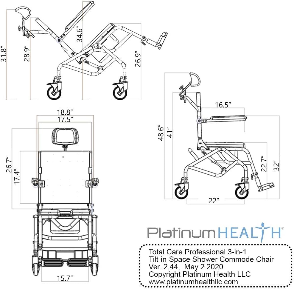 Professional Tilt-in-Space Reclining Shower/Commode Chair. Padded. Flip-up Arm and Foot Rests. Includes Locking Casters, Commode Pail and Adjustable Headrest. Total-Care 3-in-1 Multifunction Chair.