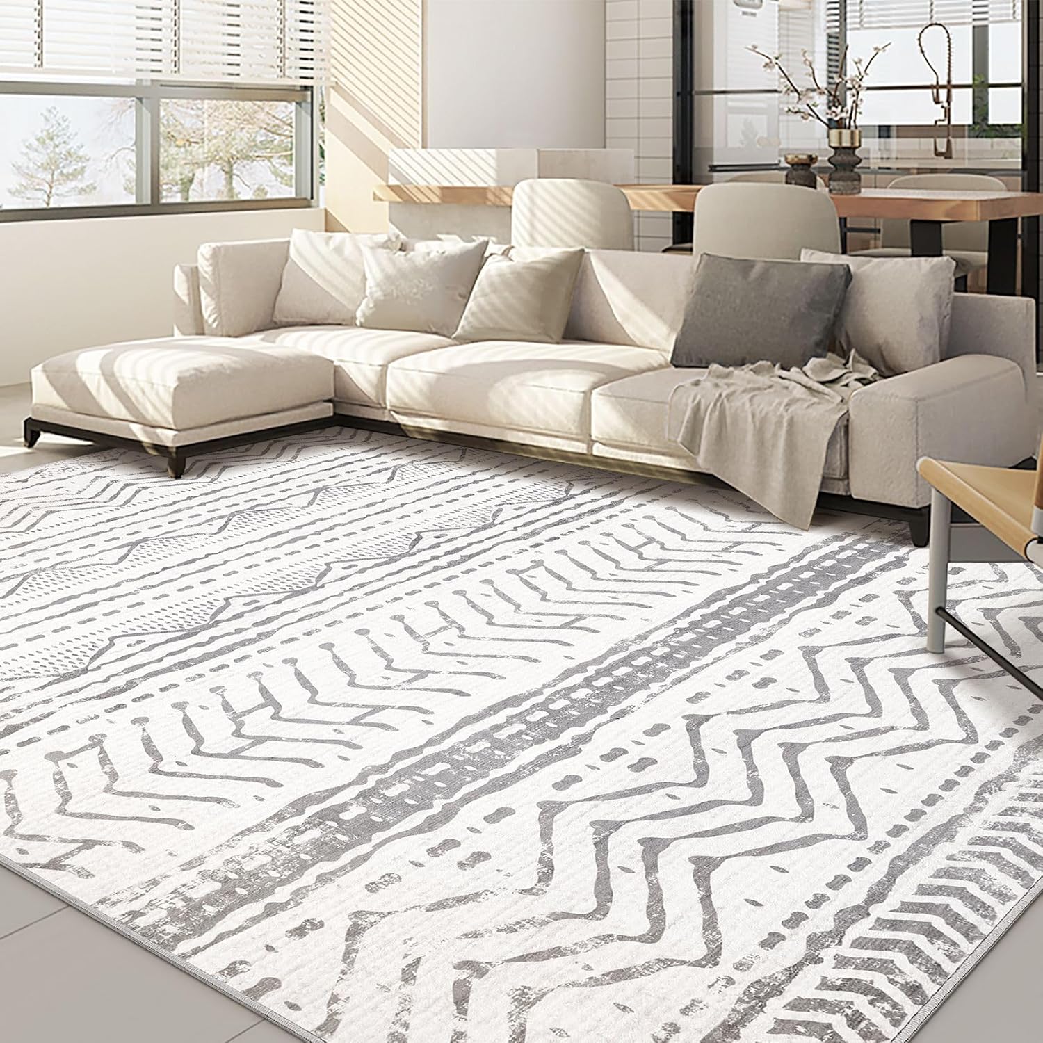9x12 Area Rug Living Room Rugs: Large Soft Machine Washable Boho Moroccan Farmhouse Neutral Stain Resistant Indoor Floor Rug Carpet for Bedroom Under Dining Table Home Office House Decor - Grey