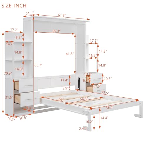 P PURLOVE Queen Size Murphy Bed,Solid Wood Murphy Cabinet Bed with Shelves and LED Lights,Wall Bed for Guest Room,Study,Office,White
