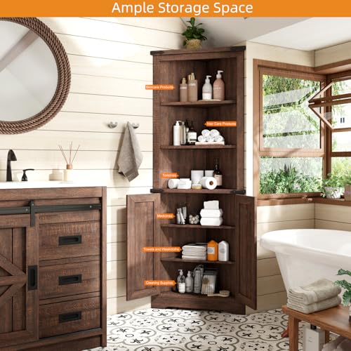 AMERLIFE 68" Tall Corner Cabinet, Farmhouse Corner Cabinet with Barn Door Design,Wall Corner Cabinet with Adjustable Shelves for Bathroom, Living Room,Antique White & Barnwood