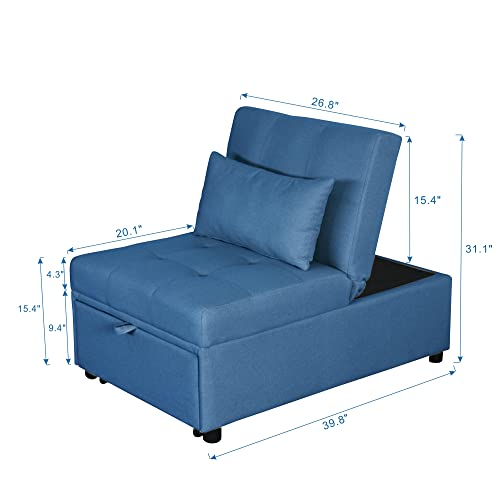 Fold Sofa Bed,Folding Ottoman Sleeper Sofa Bed,Modern Convertible Sleeper Chair Bed Sleeper Couch Bed Single Studio Futon Bed Guest Chaise Lounge Bed with Adjustable Recliner(Linen Fabric Blue)