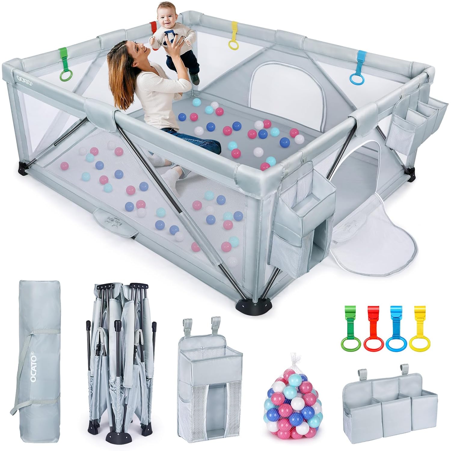 Baby Playpen: Foldable Playpen for Babies and Toddlers Large Play Pen Portable Playpen Fence Indoor Outdoor Kids Safety Area Travel Play Yard with 2 Storage Bags 4 Handlers 50 Balls (71" × 59")