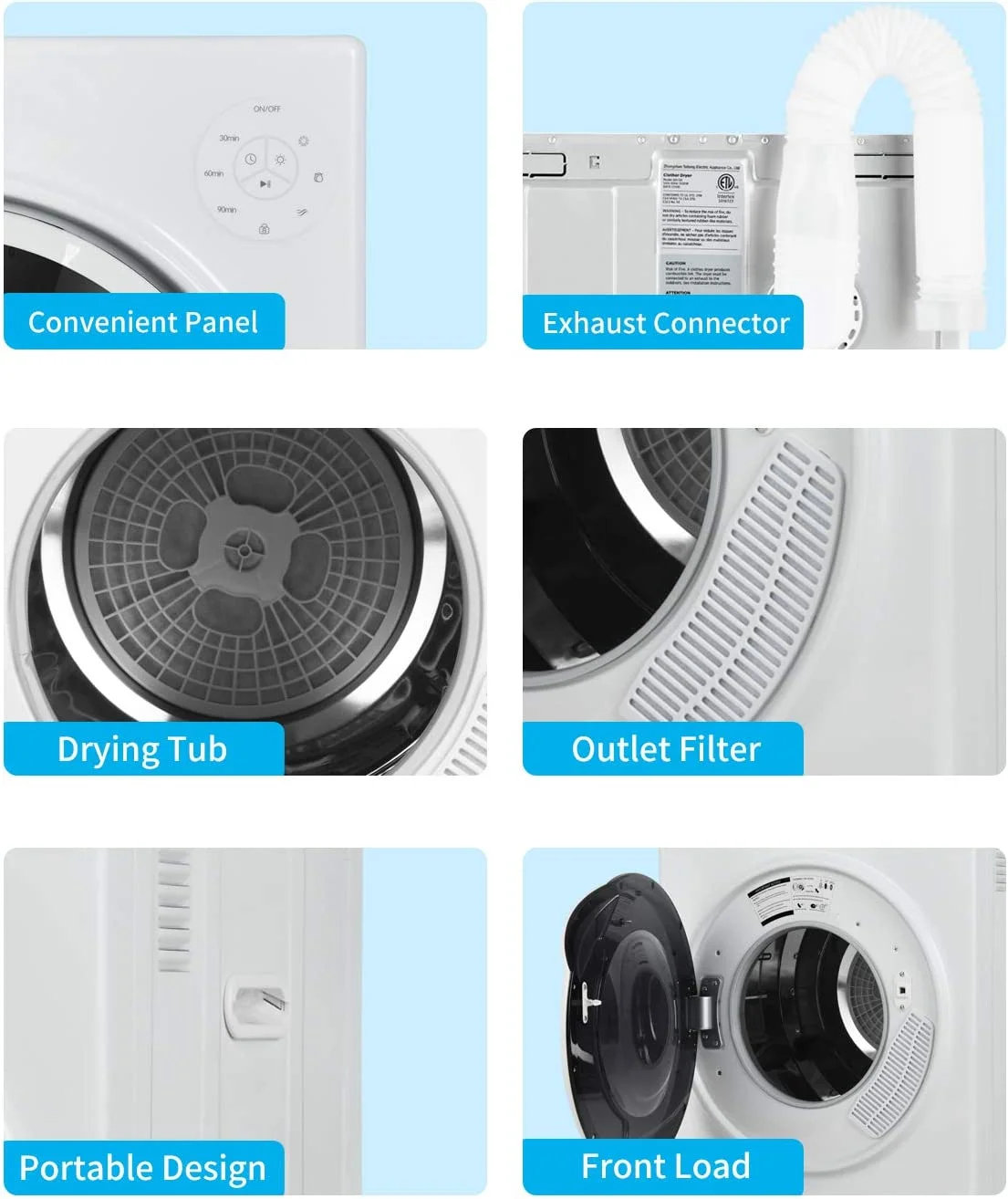 Muhub White Portable Dryer, 13lbs Portable Clothes Dryer with Stainless Steel Tub, 110V Power Compact Laundry Dryer, Control Panel Upside Easy Control for 4 Automatic Drying Mode