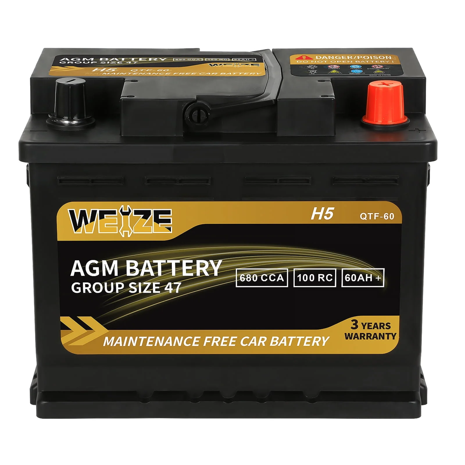 Weize Platinum AGM Automotive Battery,  Group 94R H7 Battery- 12v 80ah 140RC 850CCA, 36 Months Warranty