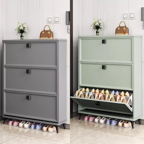 Shoe Cabinet with 3 Flip Drawers, Slim Shoe Storage Cabinet, Free Standing Hidden Narrow Shoe Rack Shoe Organizer for Entryway/Hallway/Closet(Gray,70 * 18 * 118cm)