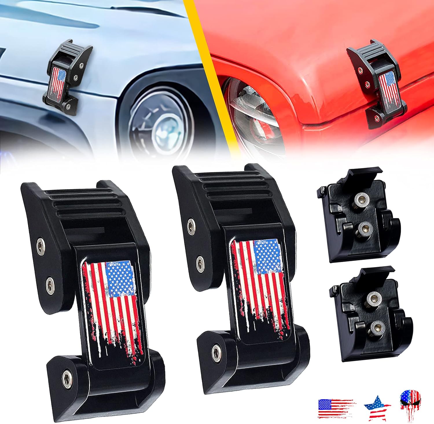 Buling TJ Hood Latches Improved Design Aluminum Hood Catch Latch Kits Compatible with Jeep Wrangler TJ 1997-2006 (Texture Black US Flag)