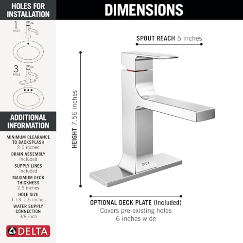 Delta Velum Chrome Bathroom Faucet 1 Hole, Single Hole Bathroom Sink Faucet for Vanity, Metal Push-Pop Drain Assembly, Chrome 537-MPU-DST
