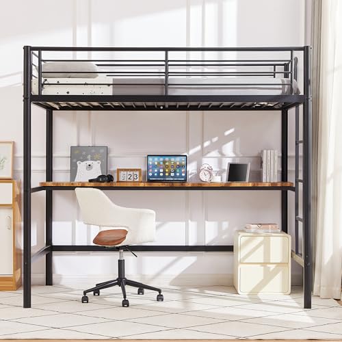 VECELO Metal Loft Bed Twin Size, Heavy Duty Bedframe with Removable Ladder and Safety Guardrail, Space-Saving, Noise Free, No Box Spring Needed, Off White