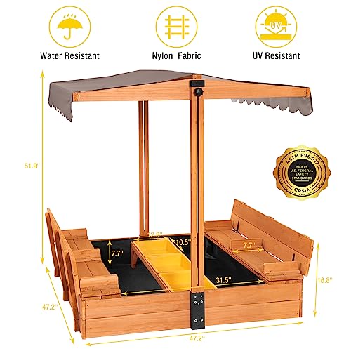 Aivituvin Kids Sand Boxes with Canopy Sandboxes with Covers Foldable Bench Seats, Children Outdoor Wooden Playset - UPGRADE Retractable Roof (47x47Inch)