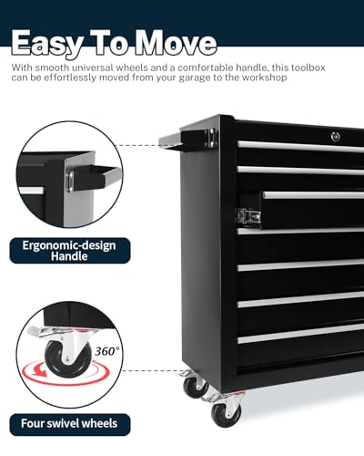 Heavy-Duty 7-Drawer Rolling Tool Chest with Wheels, Steel Tool Storage Cabinet with Lock & Liner for Workshop for Workshop/Garage - Includes 7 Organizer Boxes, Black