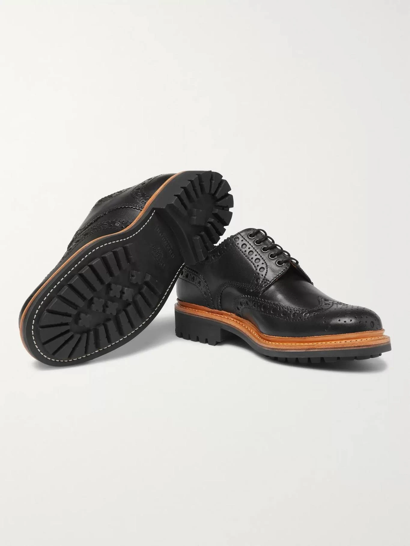 Grenson - Men - Archie Leather Wingtip Brogues Black - Fabric, inner:fabricu0026rubber, sole:rubber:Upper: Fabric, Inner: Fabric