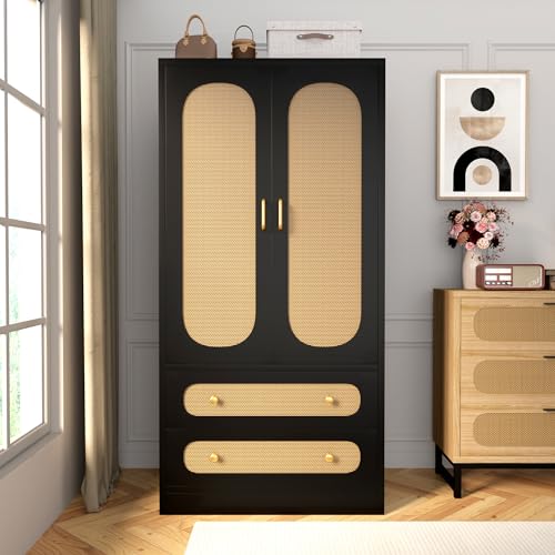2 Door Wood Wardrobe Bedroom Closet, Rattan Wardrobe Cabinet with 2 Drawers & Hanging Rail, Freestanding Large Capacity Storage for Dormitory, Apartment, (Black)
