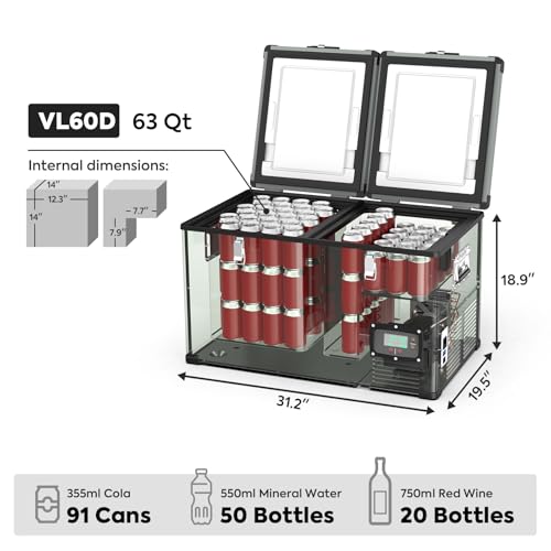 ICECO VL60 12V Car Refrigerator, 63Qt Dual Zone Portable Freezer Powered by SECOP, 0°-50°F, 12/24V DC & 110-240V AC, Compressor Electric Cooler Compact Freezer for Outdoor&Home Use, with slide