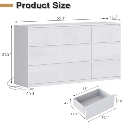 10 Drawer Dresser, White Dresser for Bedroom, High Gloss Modern Dresser & Chest of Drawers, 55" Long Dresser TV Stand, Large Double Dresser for Bedroom