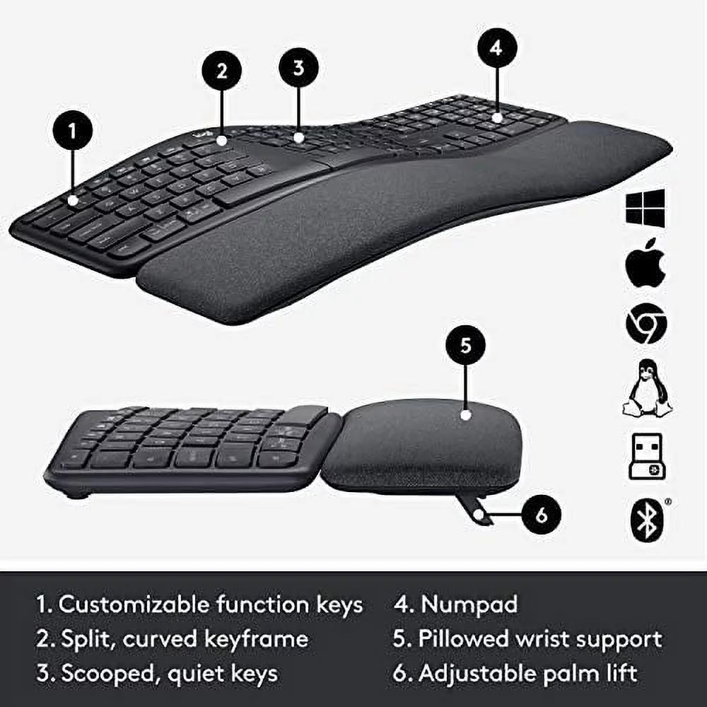Logitech Ergo K860 Wireless Ergonomic Keyboard with Wrist Rest - Split Keyboard Layout for Windows/Mac, Bluetooth or USB Connectivity