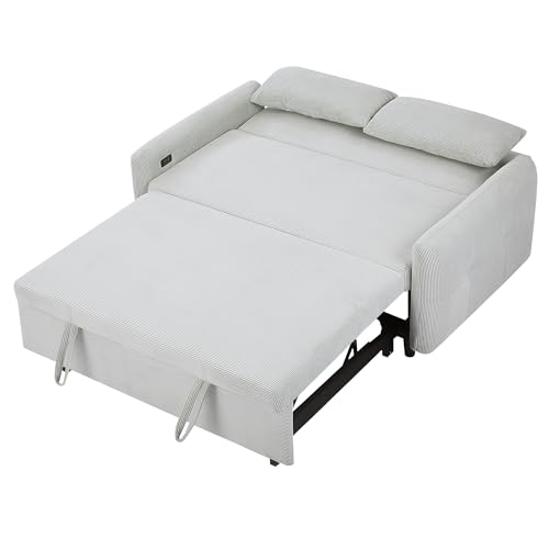LUMISOL 4 in 1 Convertible Sofa Couch Bed, 57" Pull Out Sleeper Sofa Bed with USB Ports and Two Pillows, Modern Corduroy Fabric Loveseat Sofa Bed with Armrests for Living Room Small Space (Blue Grey)