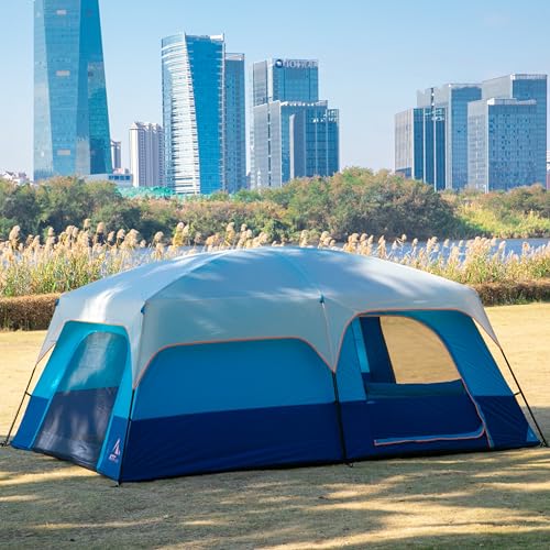 KTT Extra Large Tent 10-12-14 Person(Style-B),Family Cabin Tents,2 Rooms,3 Doors and 3 Windows with Mesh,Straight Wall,Waterproof,Double Layer,Big Tent for Outdoor,Picnic,Camping,Family Gathering