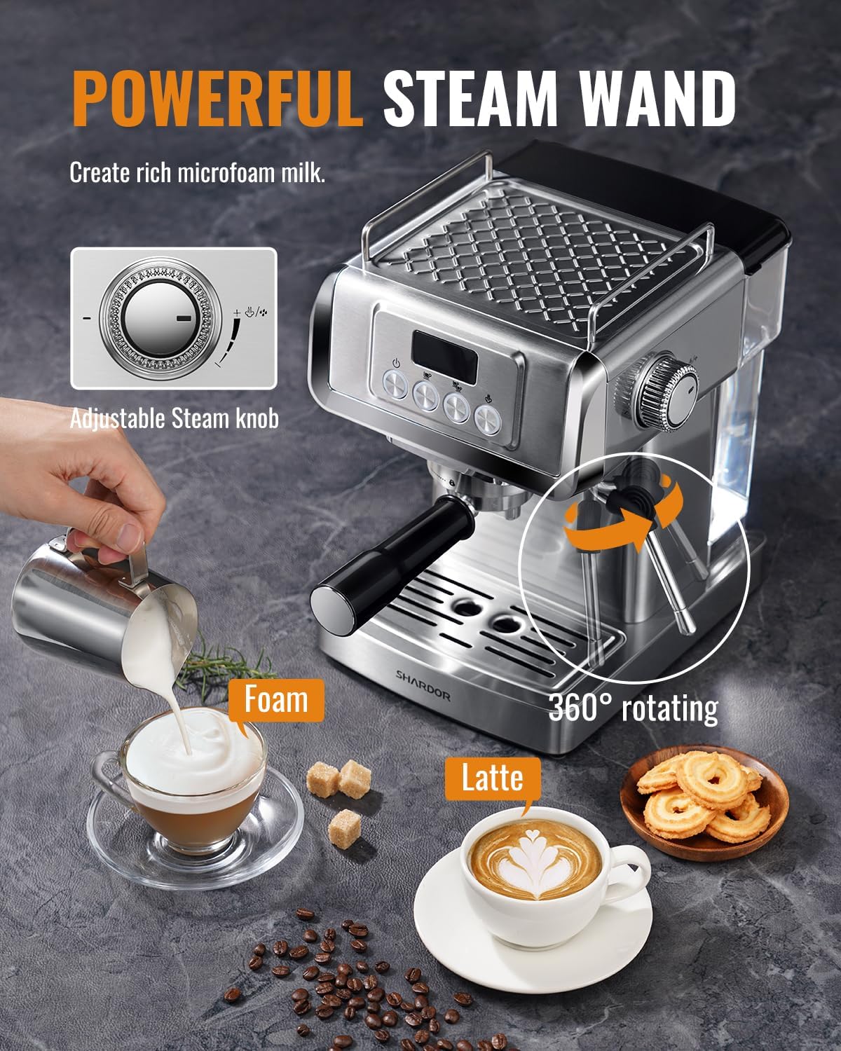 SHARDOR Espresso Machine 20 Bar, Stainless Steel Manual Latte & Cappuccino Maker with Milk Frother Steam Wand for Home, Temperature Display, 60 Oz Water Tank, 1350W